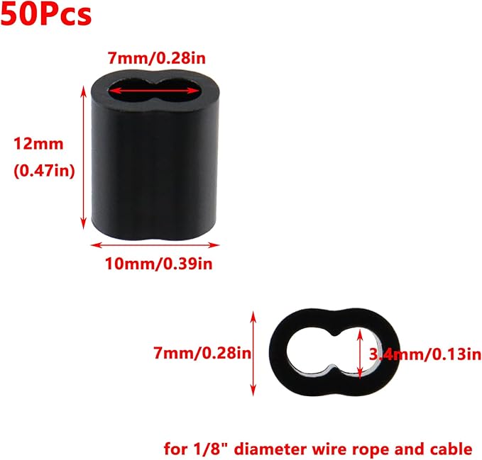 Antrader Aluminum Crimping Loop Sleeve,1/8" Cable Crimps Wire Ferrules for Crimping Wire Rope Cable,50Pcs,Black (M3)