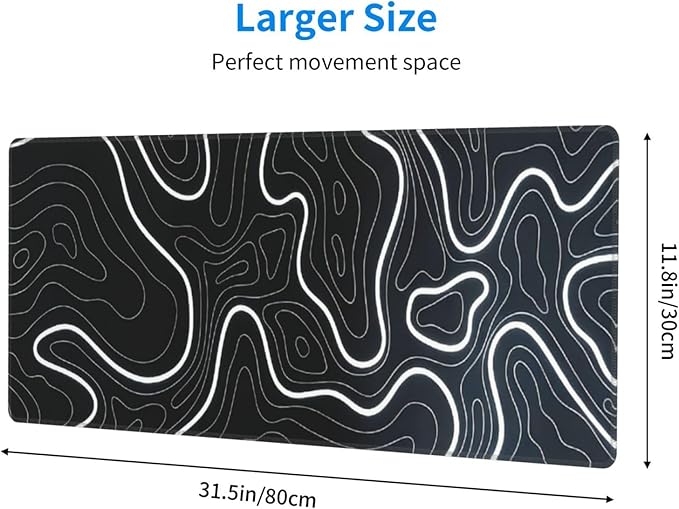 XL Topographic Map Large Gaming Mouse Pad, Long Extended Full Mouse Mat Desk Pad for Top Keyboard Table, Aesthetic Cute Big Stitched Mousepad Gifts for Women Office Decor(Black, 31.5 * 11.8 in)