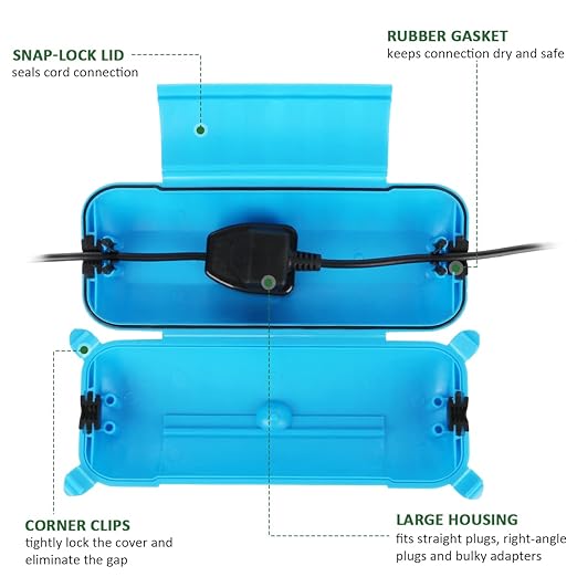 Flemoon Outdoor Extension Cord Safety Cover with Waterproof Protector Seal, Weatherproof Electrical Connection Box for Outdoor Outlets, Plugs, Sockets, Holiday Decorations, Power Tools, Blue