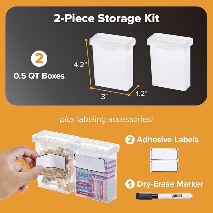 Bostitch Konnect Storage Containers with Lids, Office Organizer, Clear Plastic Box, Stackable for Crayons, Q-tips, Office Supplies, Labels, 0.5 Qt, 2 Pack