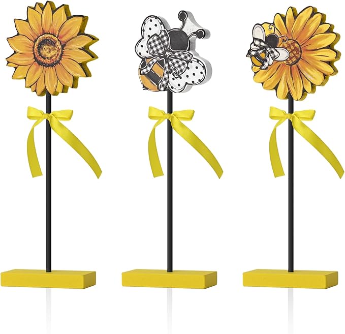 Smile 3 Pcs Wooden Decor Summer Indoor Decorations, Sunflower Bee Style, Summer Table Centerpieces for Home Kitchen Seasonal Display