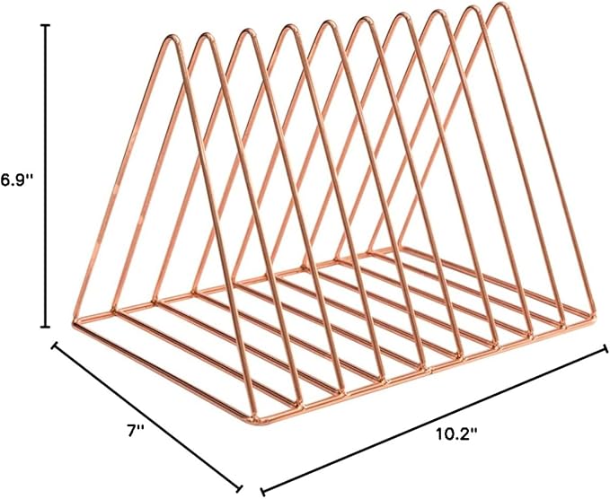 Sooyee 9 Slot Rose Gold Magazine Holder, Desktop File Sorter Organizer Triangle Bookshelf Decor for Home Office, 10.2" L x 7" W x 6.9" H, Iron Wire