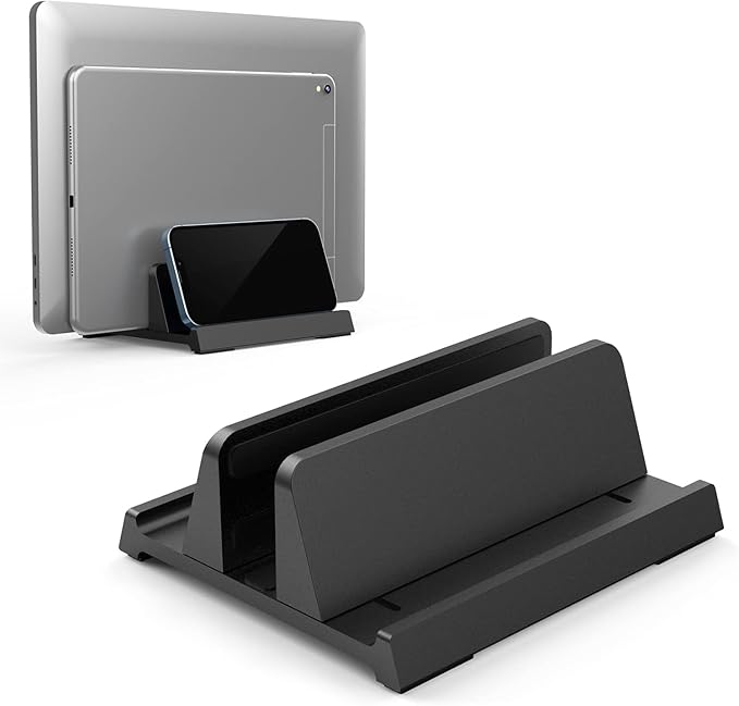 Adjustable Vertical Laptop Stand for Desk, Compatible with 11-Inch to 17.3-Inch Laptops, iPad, iPhone, MacBook Pro/Air, Dell, HP, Lenovo, Asus - 3 in 1 Design Computer Stand (Black)