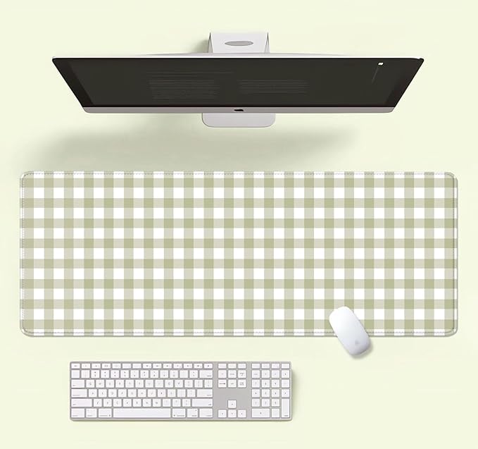 Green Checkered Large Gaming Mouse Pad Cute, Aesthetic Pattern Desk Pad, Kawaii ‌Pastel Vintage‌ Girly Keyboard Computer Mat, Mousepad, Accessories Office Decor for Women, 31.5 x 11.8 inch