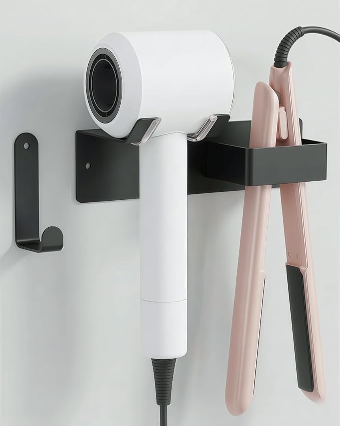 Hair Dryer and Straightener Holder, Upgraded Hair Straightener Holder with Cable Hook, Stainless Steel Universal Hair Dryer Wall Mount Waterproof for Bathroom Space-Saving Black