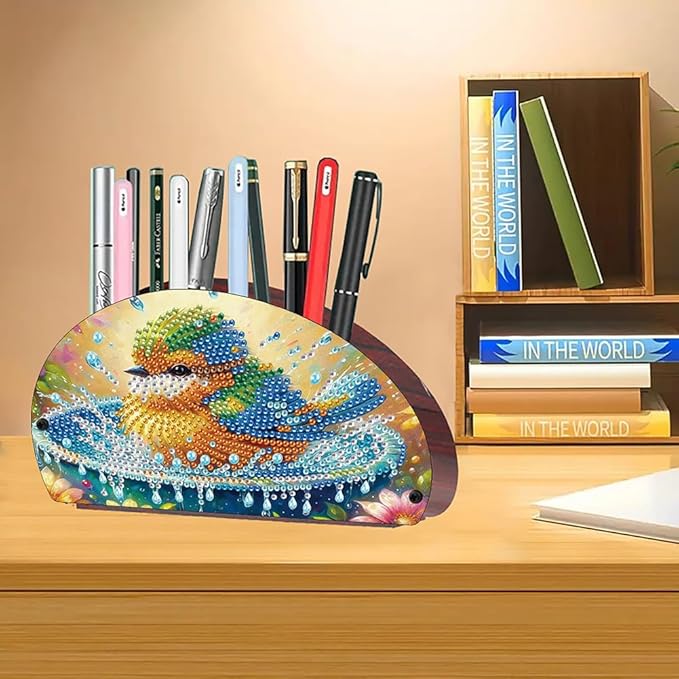 POETRYDRAW DIY Bird Diamond Art Painting Wooden Storage Box – Multi-Grid Moon Fan Makeup Brush Organizer, Double-Sided Drill Tabletop Holder for Women, Office & Home Decoration