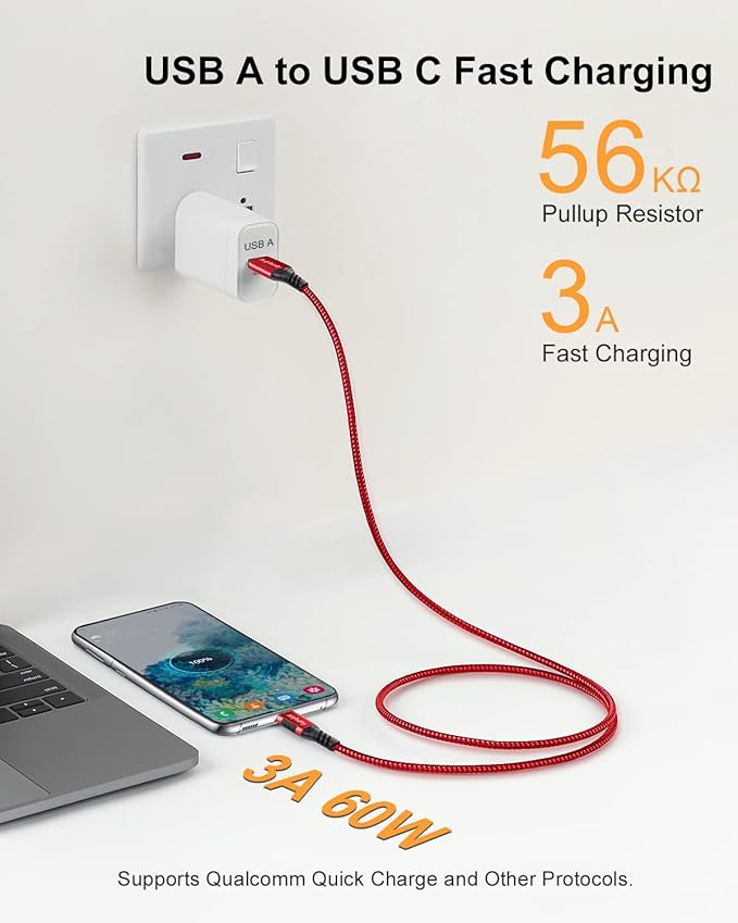 USB A to USB C Cable 3.3ft+6.6ft (Red), 10Gbps Data Transfer and 60W 3A Fast Charging Cable, USB C 3.1/3.2 Cable for Samsung Galaxy S22 S21 S20 S10 iPad Pro and Other Type-C Devices