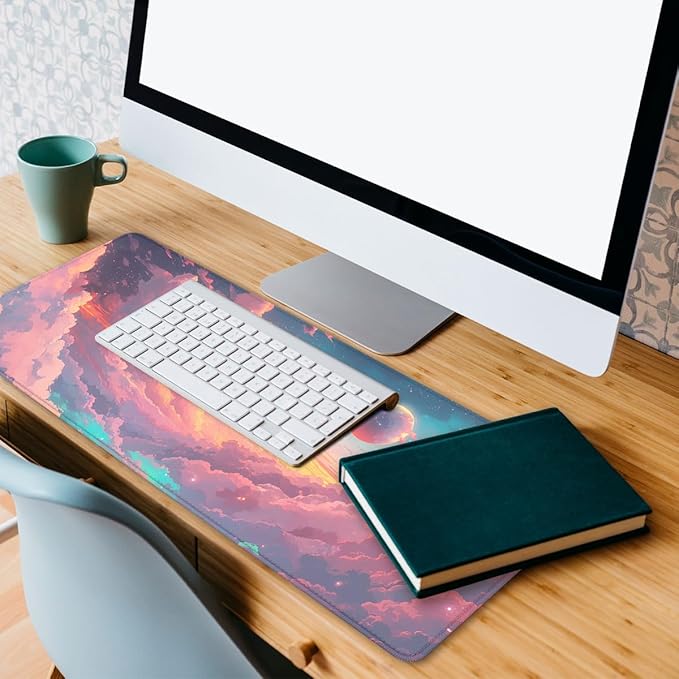 Cartoon Sky Gaming Mouse Pad Retro Comics Colorful Clouds Planets Desk Mat, Non-Slip XL Computer Big Mouse Mat with Keyboard Pad for Work, Gamer, Office, Home 31.5x11.8 in