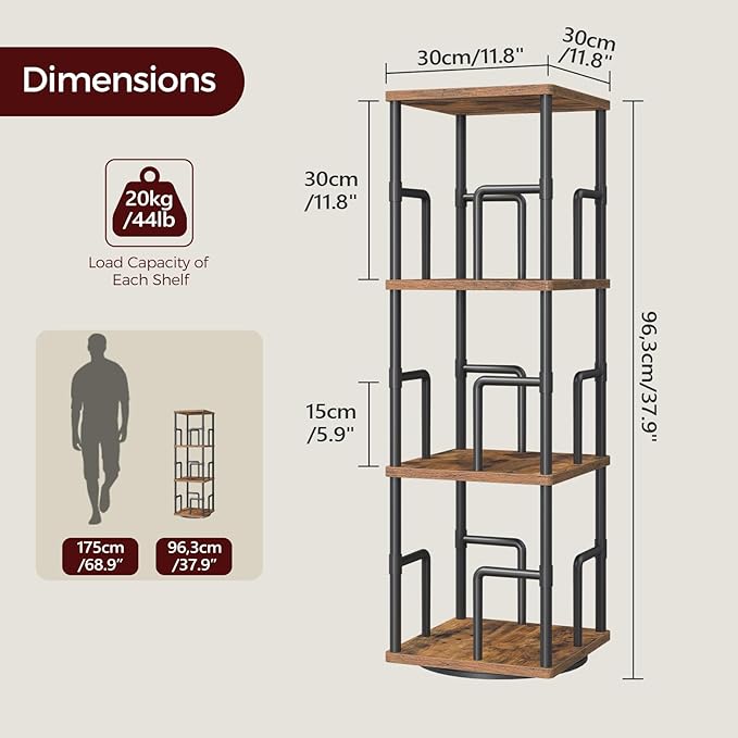 MAHANCRIS 3-Tier Rotating Bookshelf, Freestanding Corner Bookshelf, 360° Spinning Bookcase, Industrial Style Storage Rack with Rails, for Living Room, Bedroom, Study, Rustic Brown and Black BKHR1401