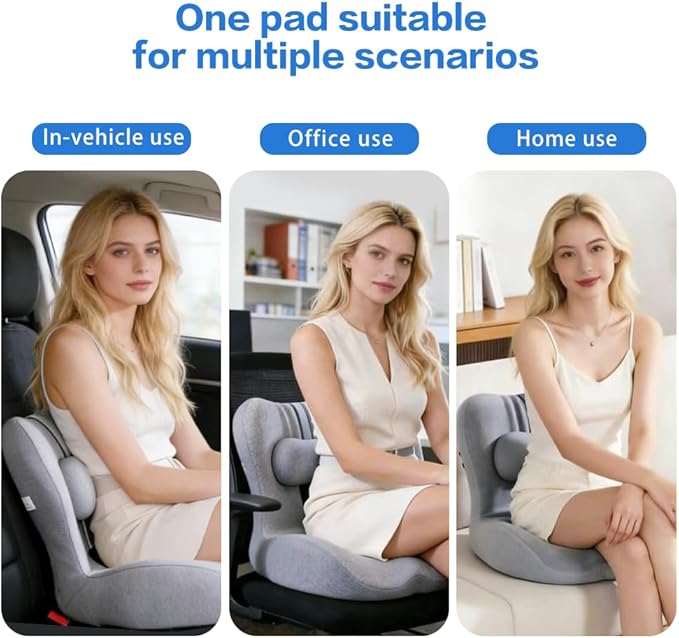 Adjustable Seat Cushion & Lumbar Support Pillow Set for Office Chair, Ergonomic Pillow for Sciatica Pain Relief, Memory Foam Back Support Pillow & Chair Cushion for Car seat, Desk Chair (grey)
