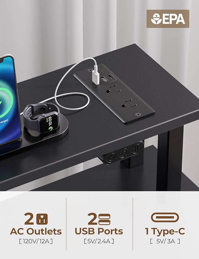 Seventable Computer Desk with Drawers, 55 Inch Desk with Drawers Home Office Desks, Computer Desk Office Desk with Power Outlets & LED Light, Monitor Stand Work Table Black