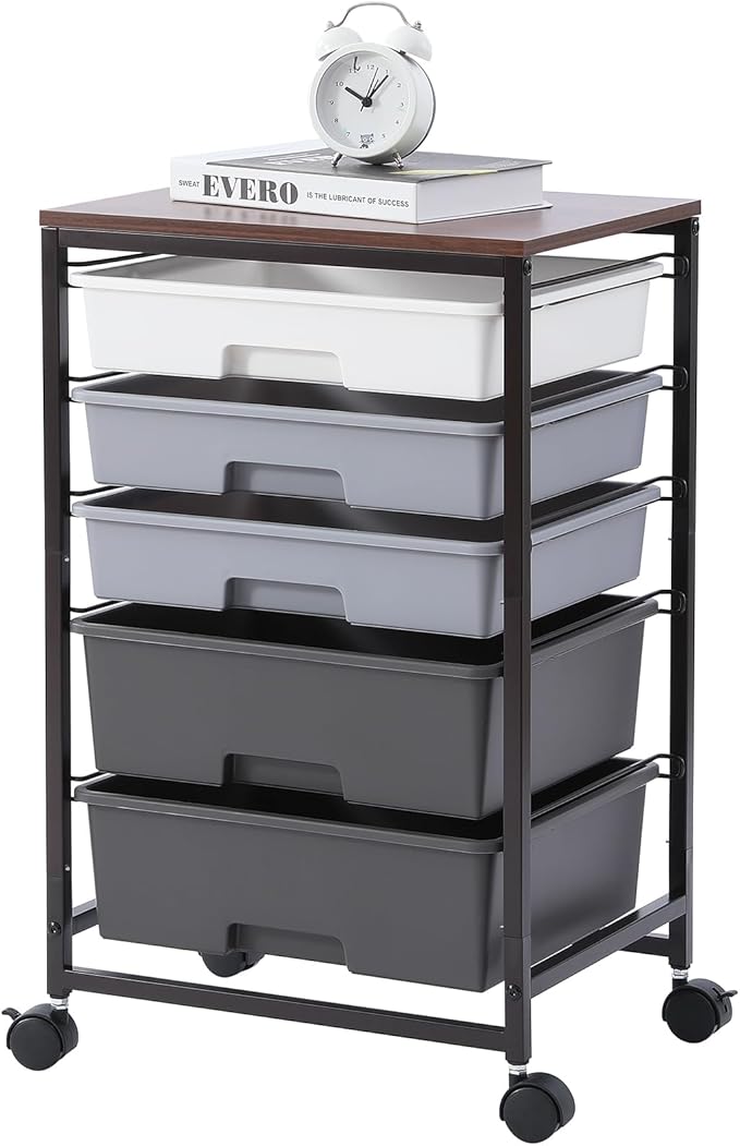 SYKIARIOL Utility Cart with 5 Drawers,Storage Drawer Cart with Wooden Tabletop and Lockable Wheels,Craft Storage Trolley Cart,5-Tier Rolling Utility Cart on Wheels,Dark Grey