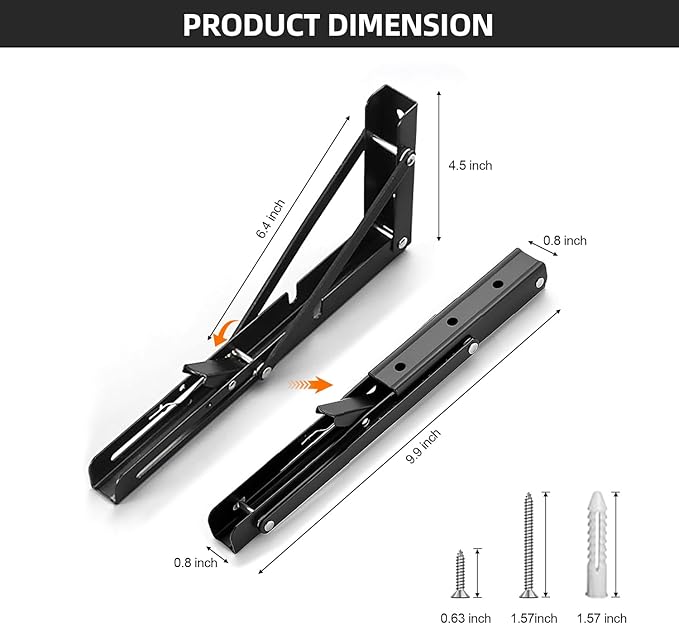 Folding Shelf Brackets 10 inch Foldable Shelf Bracket Heavy Duty Collapsible Shelf Brackets DIY Wall Mounted Fold Down Table Bracket Space-Saving for Benches Workstation (2PC, Max.Load 133 lbs)
