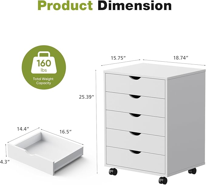 Sweetcrispy 5 Drawer Chest Mobile Storage Cabinets Small Wooden Dresser with Wheels Room Organization Furniture for Office Home, Rolling Vertical Organizer for Home Office, White Wood