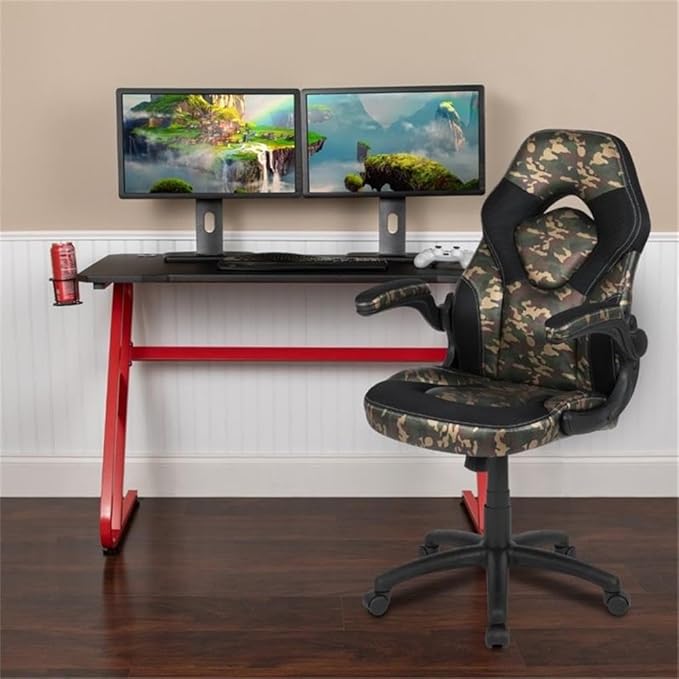 BOWERY HILL 2 Piece Z-Frame Gaming Desk Set, 51.5" W Black Laminate Desk with Red Frame, High Back Ergonomic Chair, Camouflage Mesh Inserts, Cup Holder and Headset Hook, Contemporary Style