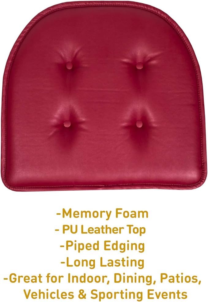 Sweet Home Collection Chair Cushion Memory Foam Pads Tufted Slip Non Skid Rubber Back U-Shaped 17" x 16" Seat Cover, 2 Pack, Faux Leather Burgundy Red, (Pack of 3)