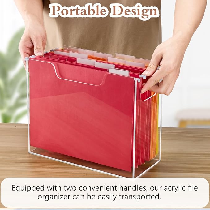 Jumyee Clear Acrylic File Folder Organizer with Handle – Portable Hanging File Box for Letter/A4, See-Through Desktop File Storage for Home Office School (No Folders Included)
