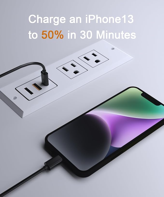 Recessed Power Strip - Set of 2,20W Fast Charging USB C Port and 18W USB-A Ports.Flush Mount Desk Outlet,Furniture Hidden Charging Station for End Table,Flat Plug,6.5 ft Extension Cord,White