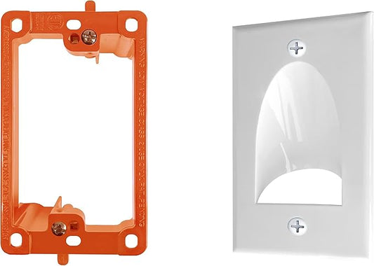 1 Pack Wall Plate Cable Pass Through with Bracket - In Wall Cable Management Kit - Recessed Cable Wall Plate Pair with Single Gang Low Voltage Mounting Bracket - Decorator Cover for Low Voltage Cables