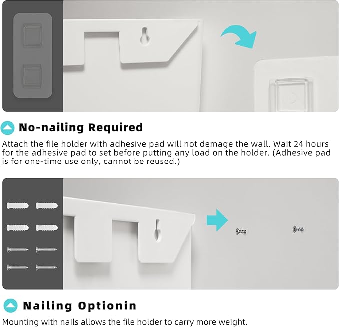 JOMOLA No Drilling File Holder 3 Pack Mail Organizer Wall Mount File Organizer Holder Office Wall Hanging Files Magazines Organizer Plastic Door Mount Wall Pocket with Adhesive Pad, White Color