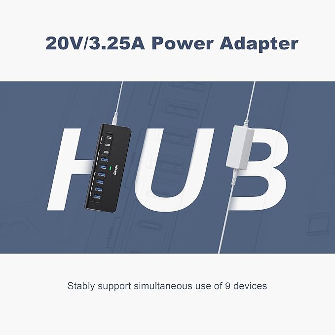 Powered USB Hub 10Gbps, intpw YH6AC 9-Port USB HUB with USB A/USB C 3.2, 4 USB 3.0, 2 PD 45W Charging Port, 65W Power Adapter + 4.92FT Cable, Aluminum USB Hub for Laptop, PC,iPhone 17/16