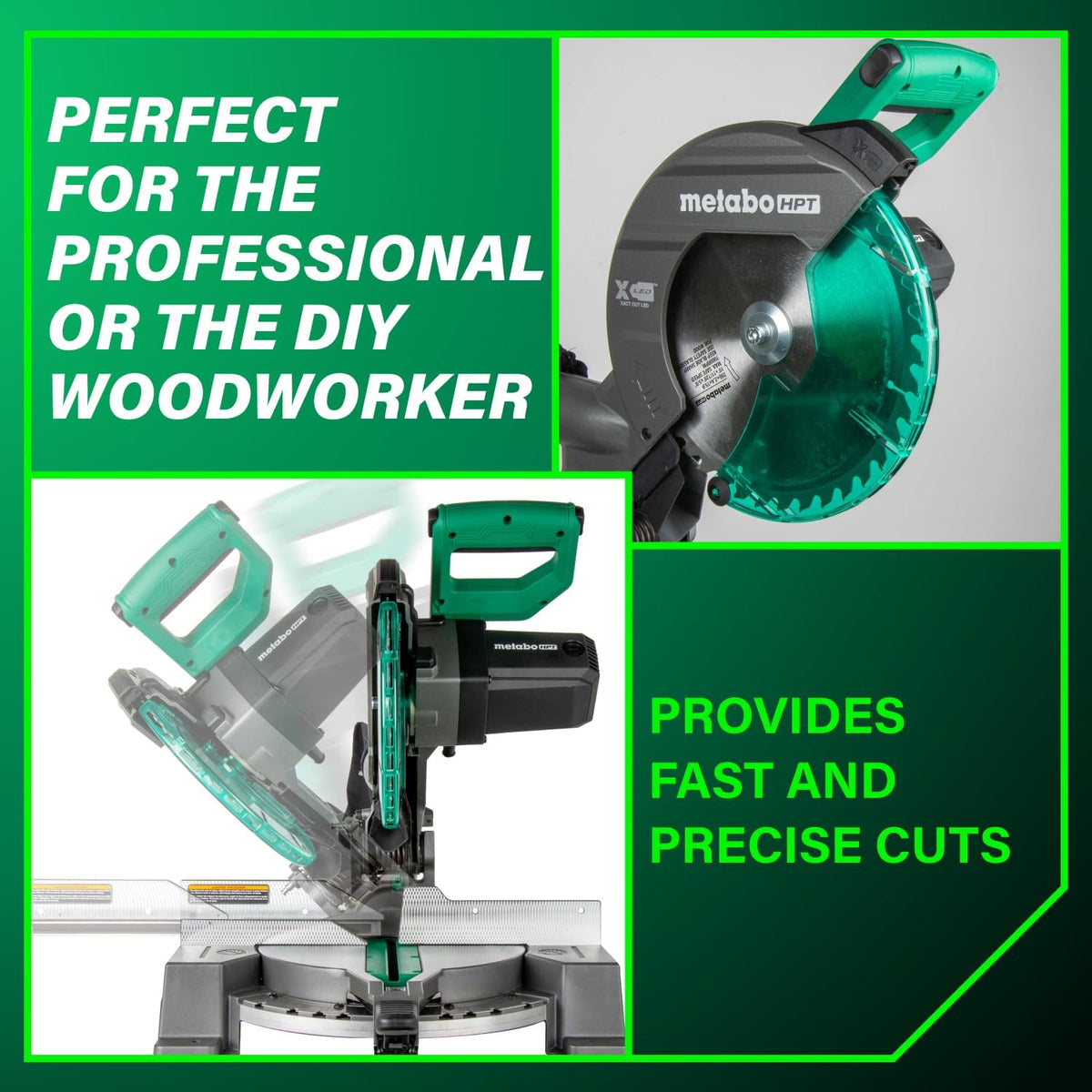 Metabo HPT 10-Inch Single Bevel Compound Miter Saw, 15-Amp Power Saw with Xact Cut Shadow Line, Precision Miter Angles, Single Bevel 0-45°, 40T TCT Miter Saw Blade, Lightweight Design, C10FCG2