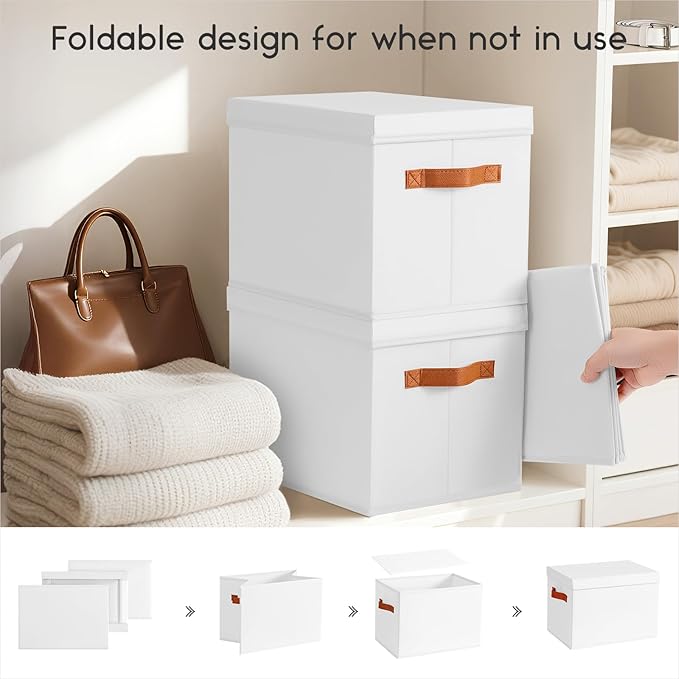 Homsorout Storage Bins with Lids - Fabric Storage Baskets for Shelves, 8 Pack Foldable Decorative Boxes with Handles, Stackable Organizer Bins for Home, Nursery, Dorm, White