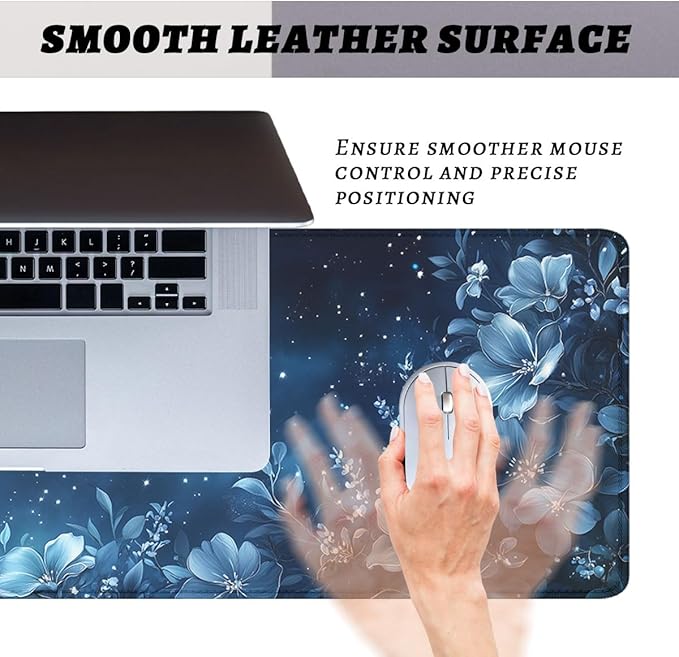 Crescent Mouse Pad Blue Silver Gem Flowers Crescent Stars Mousepad Extended Large Laptop Keyboard Non-Slip Rubber Base with Stitched Edges for Home 31.5x11.8 in