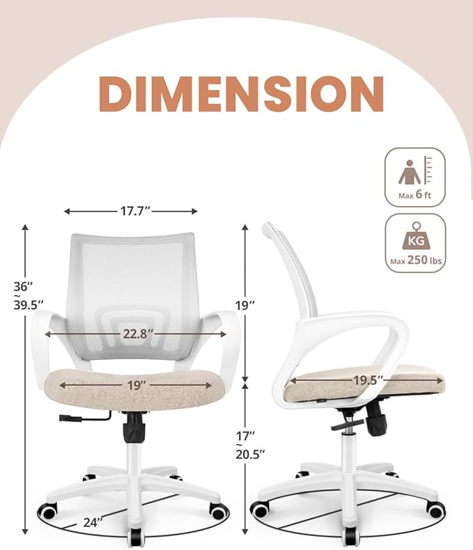 NEO CHAIR Office Desk Computer Chair Ergonomic Mesh Gaming Cushion Seat with Comfy Lumbar Mid Back Support Adjustable Height Swivel Rolling Wheels for Home Task (Beige)