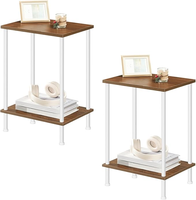 HOOBRO End Tables Set of 2, Small Side Table, Nightstand with 2-Layer Storage Shelves, Sofa Table for Small Spaces, Living Room, Bedroom, Stable Frame, Easy Assembly, Walnut and White WH09BZP201