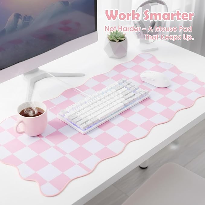 Copkim 1 Pcs Pink Scalloped Checkered Desk Mat 31.5 x 11.8 Inch Large Cute Mouse Pad Computer Mat Non Slip Waterproof Rubber Base with Border Stitching Soft Keyboard Pad for Home Office Gaming Makeup