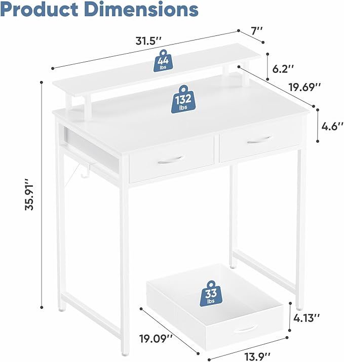 DUMOS 31.5" x 19.7" Compact Computer Desk with Monitor Stand and 2 Drawers, Small Writing Desk with Drawers for Home Office, Study Table for Small Spaces, White