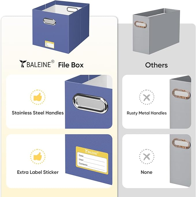 BALEINE File Organizer Box, Cardboard File Folder Organizer with Handle for Letter Size, Portable Collapsible Hanging Filing Box for Home Office Document Storage (4 Pack, Large Navy)