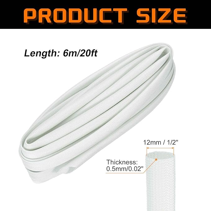MECCANIXITY 20ft Braided Cable Sleeve, 1/2" ID 200C Heat Resistant 1500V Fiberglass Wire Insulation Cord Protector Organizer Wires Management for Motor Engine Fuel Line, White