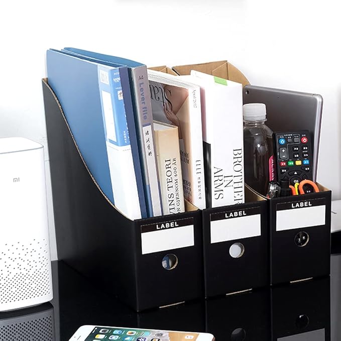 Foldable Desk File Holder Organizer Sturdy Cardboard Magazine Storage Box Document Rack with Blank Label Stickers for Home School Office (15, Matte Black)