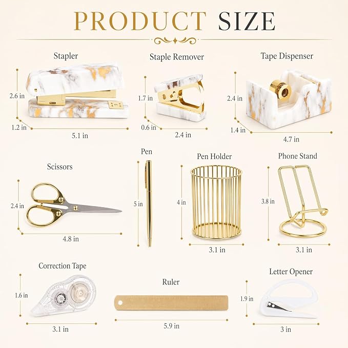 Office Desk Accessories Supplies - 13 Pcs Women Gold Marble Desk Decor Set, Cute Aesthetic Office Essentials Kit, Stapler Tape Dispenser Pen Organizer, Acrylic Mini Teacher Stuff for School Home Work