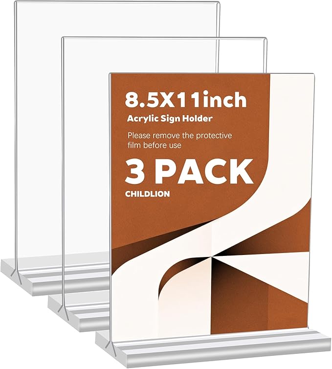 CHILDLION 3 Pack Acrylic Sign Holder 8.5x11 Inches, Double Sided Clear Display Stand Table Top Paper Holder, Vertical Menu Flyer Stand, Plastic Frame for Stores, Restaurants, Hotels, Office (3 Pack 8.5*11)