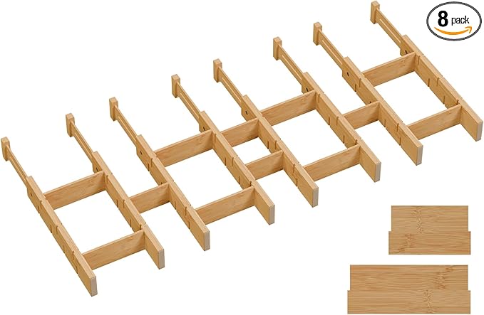 Bamboo Drawer Dividers, Expandable Kitchen Drawer Organizer, Include 8 Dividers, 8 Small Inserts and 8 Medium Inserts for Home, Office, Dressers