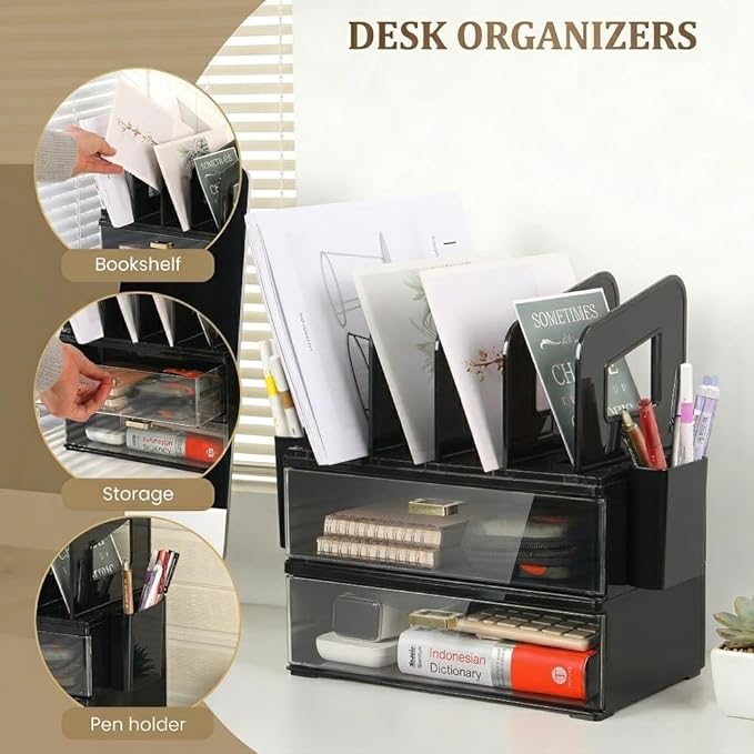 LALOBLUE Acrylic Desk Organizer with Drawer and Vertical File Holder, Desk Organizers and Accessories, Multi-Functional Office Supplies Organizer for Home or Work Desk, Black