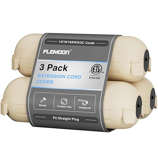 Flemoon [3 Pack] Outdoor Extension Cord Cover Waterproof, Weatherproof Electrical Connection Box for Straight Plug, Outlet, Socket, Halloween, Christmas Holiday Decoration String Light, Almond