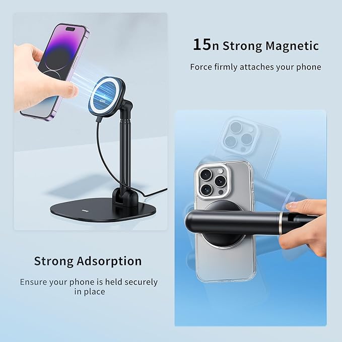 VRIG Magnetic Wireless Charger Phone Stand 360°Rotation Desktop Phone Holder Adjustable Cell Phone Stand for iPhone 17/17pro/16/15/14/13 Series Foldable Wireless Charging Station for Android/AirPod