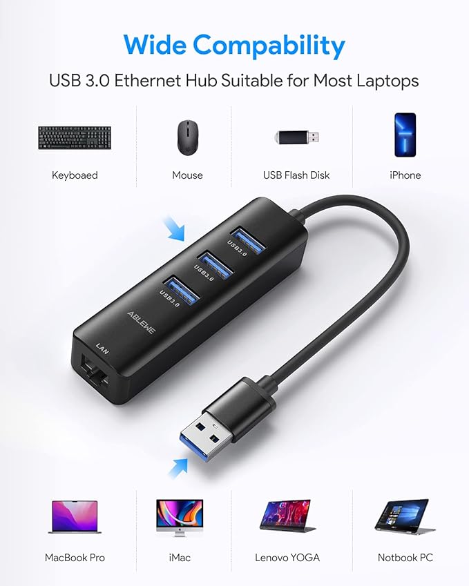 USB to Ethernet Adapter, ABLEWE 3 Ports USB 3.0 Hub with RJ45 1Gbps Gigabit Ethernet Adapter, for MacBook Air 2017, iMac, XPS, Surface Pro, Linux, Chromebook, Notebook and More - Black