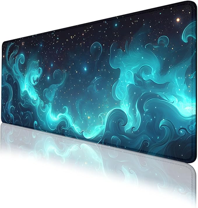 Blue Green Nebula Gaming Mouse Pad Spiral Galaxy Starlight Stars Extended Mousepad Waterproof Stitched Edges Rubber Base Non-Slip Deskmap Computer Keyboard Mat 31.5x11.8 in