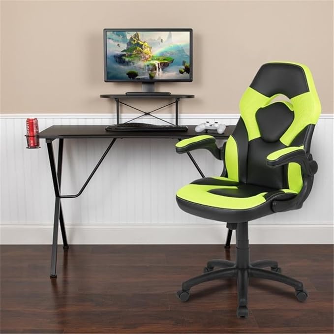 BOWERY HILL 2 Piece Gaming Desk Set with Chair, Black Laminate Desk Top, Green Mesh Inserts, Monitor Stand, Cup Holder, Headset Hook, Ergonomic Chair, Tilt Lock, Contemporary Design for Gamers
