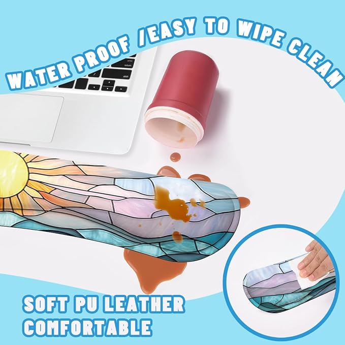 Boho Sun Desk Mat Set Stained Glass Sea Coastal Sunset Large Mouse Pad with Wrist Rest 4in1 Desk Mat for Desktop Ergonomic Computer Desk Arm Wrist Anti-Slip Computer Mouse Pad Home Office Gaming