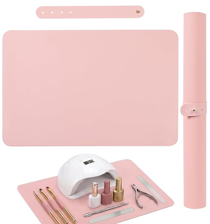 Nail Art Table Mat, Foldable Nail Hand Rest Manicure Pad, Soft Microfiber PU Leather Nail Mat, Nail Arm Rest Pad for Acrylic Nails, Nail Table Pad Desk Mat for Nail Technician Salon Home (Pink)