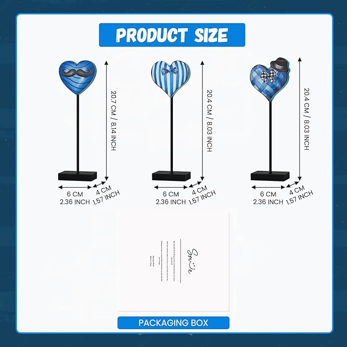 Smile Father's Day Wooden Table Decor Piece Blue Heart with Bow Tie Mustache Hat Desktop Signs Tabletop Decorations for Home Office Shelf - Gift for Dad, Husband, Grandpa