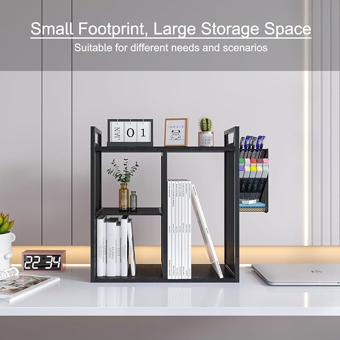 PAG Desktop Shelf Freestanding Bookshelf with Pencil Holder, Office Supplies Organizers and Accessories Storage Display Rack, Black