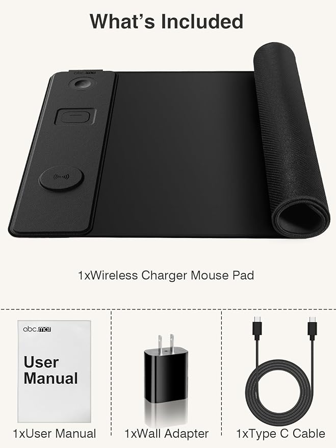 4-in-1 Mouse Pad with Wireless Charging for Phone/AirPods/Apple Watch, 31.5"x15.8" Large, Waterproof Smooth Surface, Non-Slip Base, with Adapter