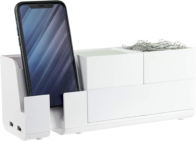 Bostitch Office Konnect Desk Organizer and Charging Station, 2 USB Ports & 2 Plugs, Charges Phones & Tablets, Accessory Tray, 4-Piece Design, White